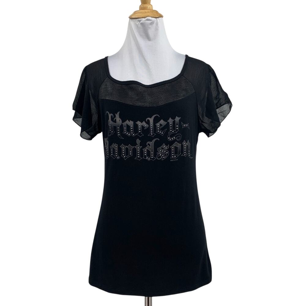 Harley Davidson Blouse Womens S Small Black Sheer Flutter Sleeves Scoop Neck